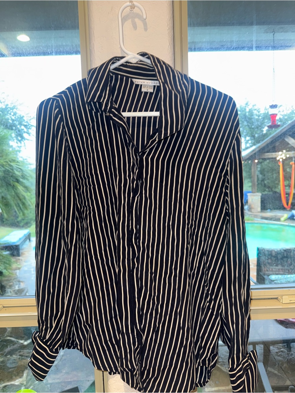Peter Nygård Navy & White Striped Button-Up Blouse | Size 8